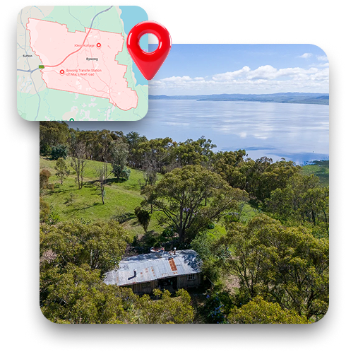 Map showing Skip Bin Hire Bywong service area for acreage properties and rural waste removal
