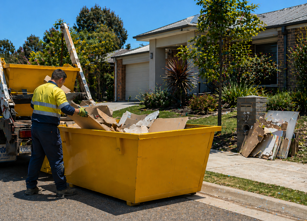 Skip bin delivery in Belconnen ACT with an operator placing a bin in front of a residential property