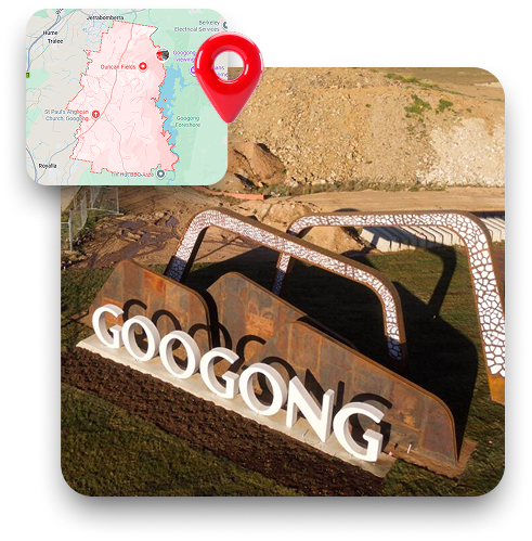 Map of Googong NSW highlighting the residential estate served by Skip Bin Hire Googong for home, construction, and clean-up waste removal.