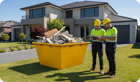 Two Skip Bins Canberra operators preparing to lift a full skip bin in Gungahlin ACT during a professional waste collection service