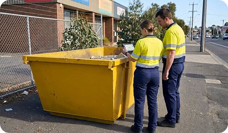 Skip Bins Canberra team inspecting a skip bin and preparing it for delivery and responsible disposal in Bywong