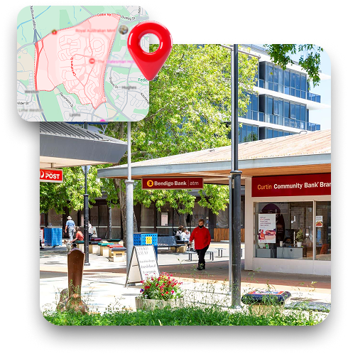 Skip bin hire service area in Curtin near local shopping precinct with suburb map, representing waste removal for homes and businesses