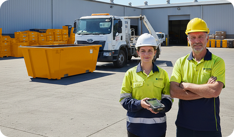 Two operators preparing a skip bin for delivery in Narrabundah using our truck for residential waste removal service