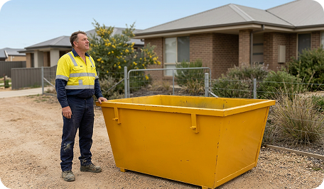 skip bin hire campbell operator delivering and placing skip bin in front of residential property in Campbell for renovation, relocation, and general waste clean-up